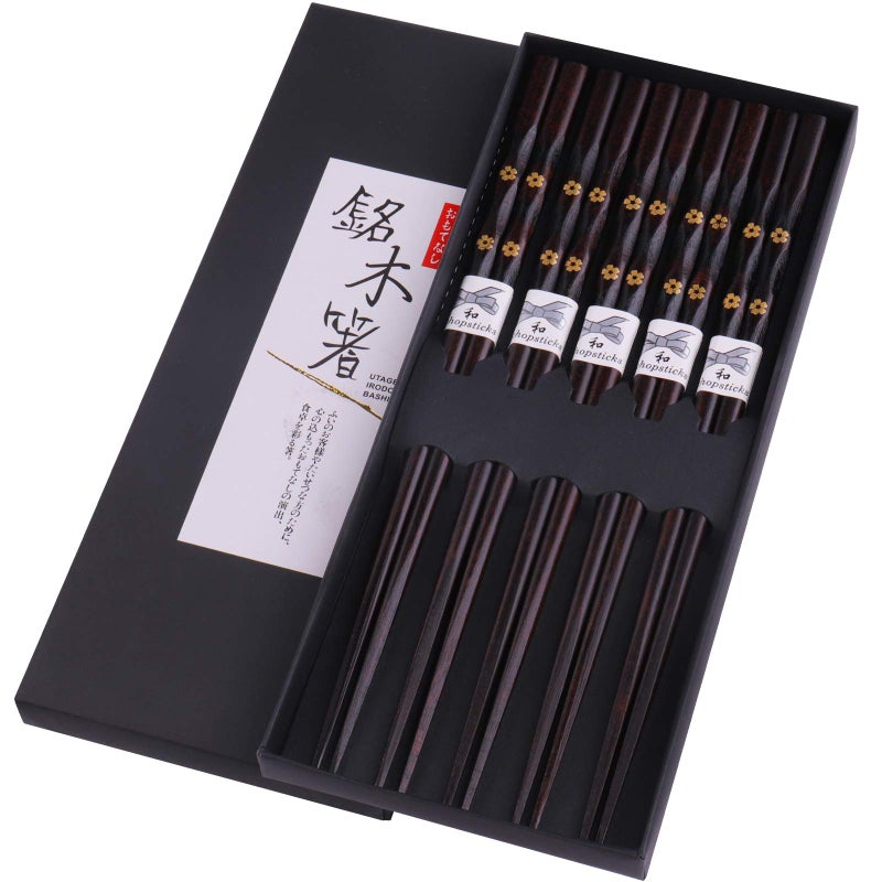 GLAMFIELDS 5 Pairs Chopsticks Wooden, Glamfields Reusable Chop sticks, Non-slip Japanese Style gift set - Image 1