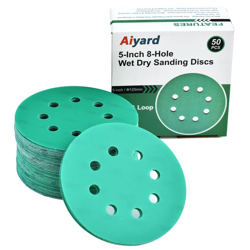 Aiyard 5-Inch 8-Hole Wet Dry Sanding Discs 1000 Grit, Polyester Film Backed Heavy-Duty Hook and Loop Sandpaper for Random Orbital Sander, 50-Pack - Image 1
