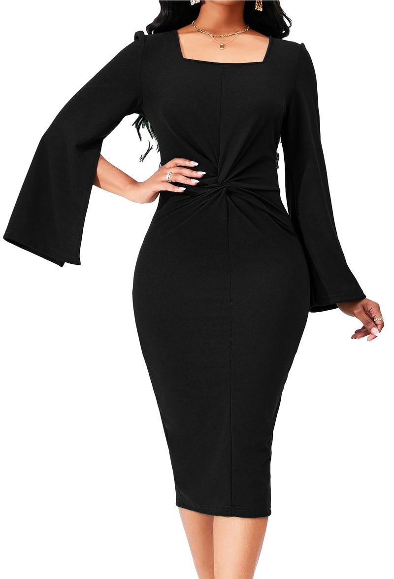sexycherry Black Dresses for Women Party Evening Elegant Bodycon Square Neck Long Sleeve Twist Pencil Wear to Work Dress with Split Zipper (X-Large) - Image 3