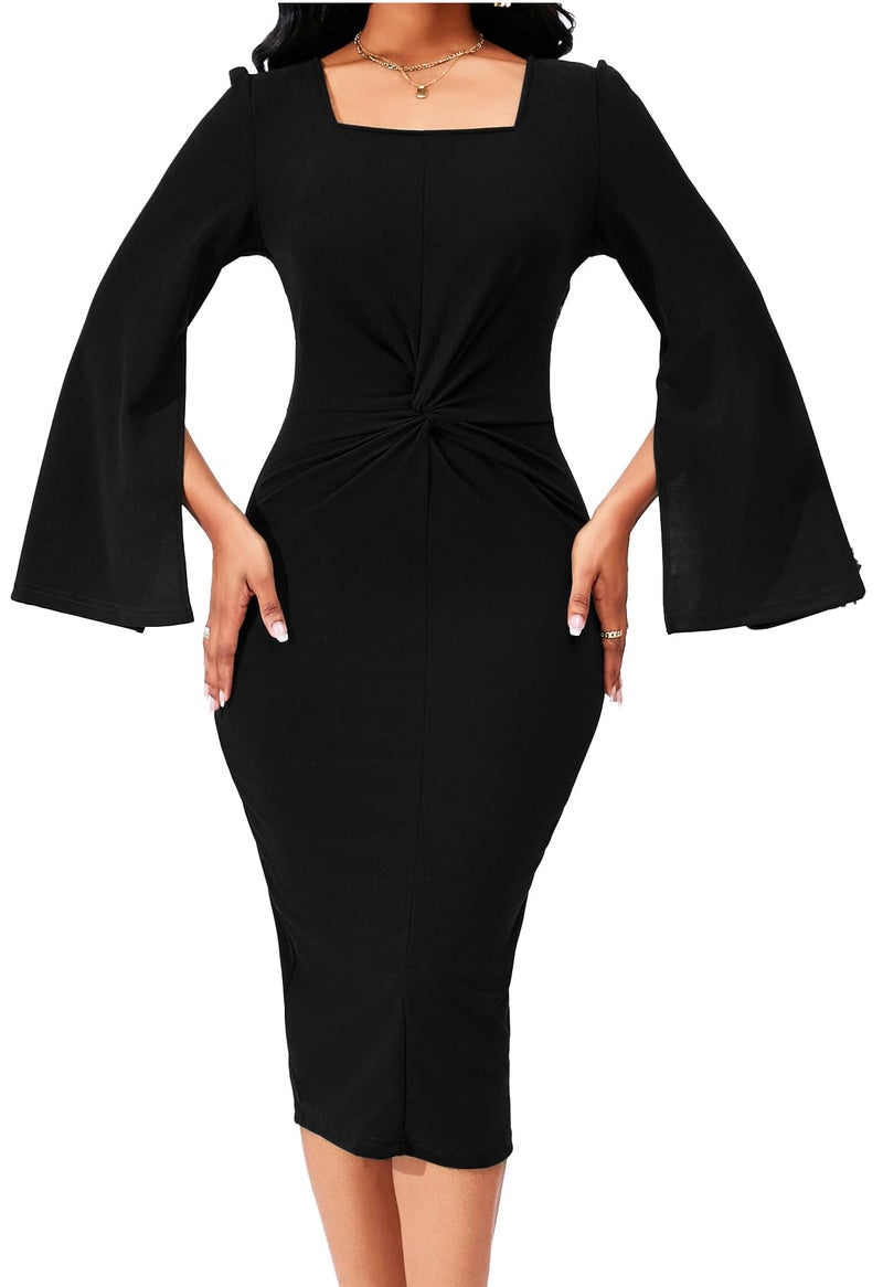 sexycherry Black Dresses for Women Party Evening Elegant Bodycon Square Neck Long Sleeve Twist Pencil Wear to Work Dress with Split Zipper (X-Large) - Image 1