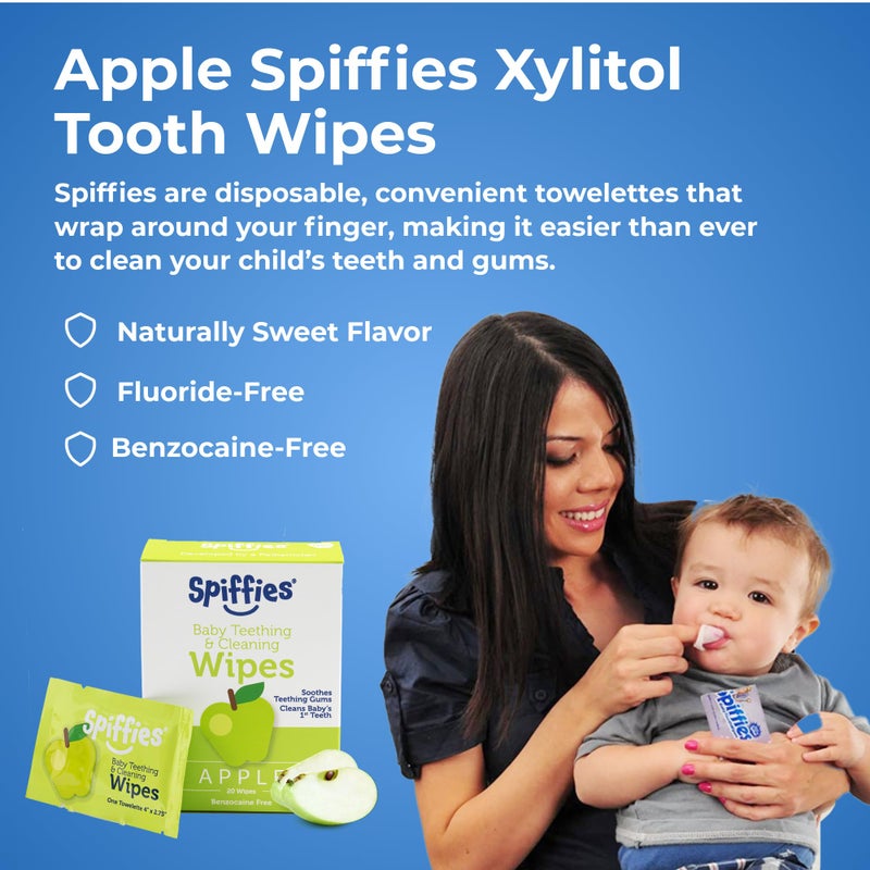 Spiffies Baby Teeth Wipes - Apple Flavor, Xylitol-Enriched Baby Gum Cleaner & Dental Wipes for Teething Relief and Teeth Cleaning - Safe for Infants & Toddlers, 20 Count (Pack of 3) - Image 2