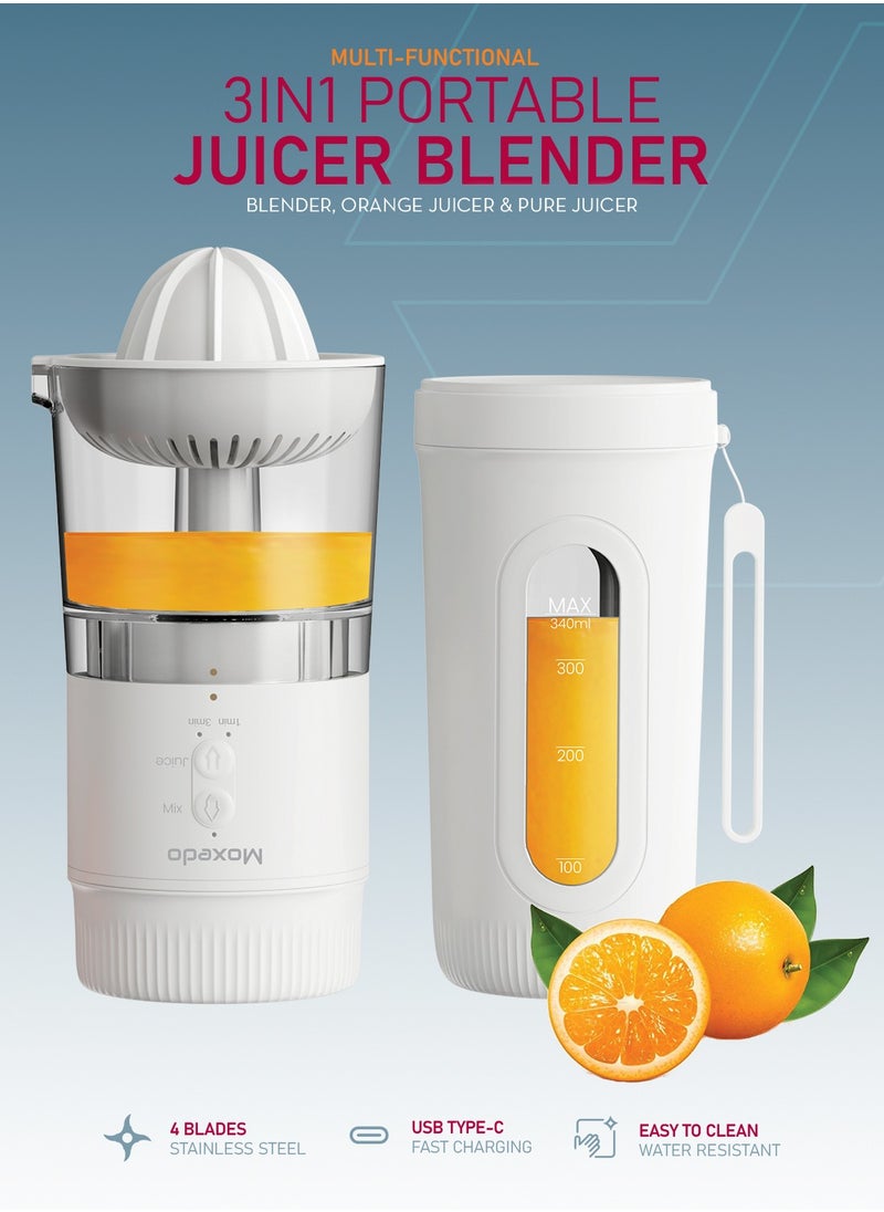 Moxedo - Moxedo 3 in 1 Portable Juicer Blender USB Rechargeable 4 Stainless Steel Blades BPA Free Material Mini Blender Smoothie Maker Lemon Orange Juicer - Image 1