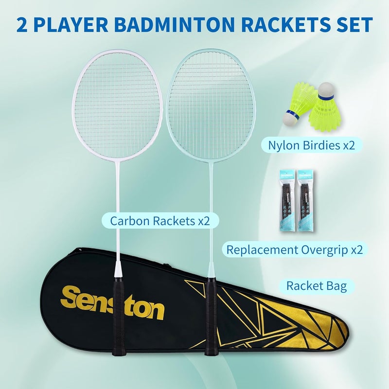 Senston مجموعة مضارب بادل مكونة من 2 مع مجموعة كاملة | مضارب خفيفة الوزن من الكربون المركب (2U 90g)، 2 كرات شوتل من النايلون، 2 قبضة غير قابلة للانزلاق وحقيبة حمل | مجموعة تنس بادل للمبتدئين للعائلة، أبيض - Image 2