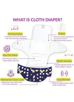 BEMBIKA Baby'S Polyester Washable Reusable Adjustable Cloth Diapers With 5 Layer Bamboo Charcoal Insert (Ellie Moon)  - Image 5