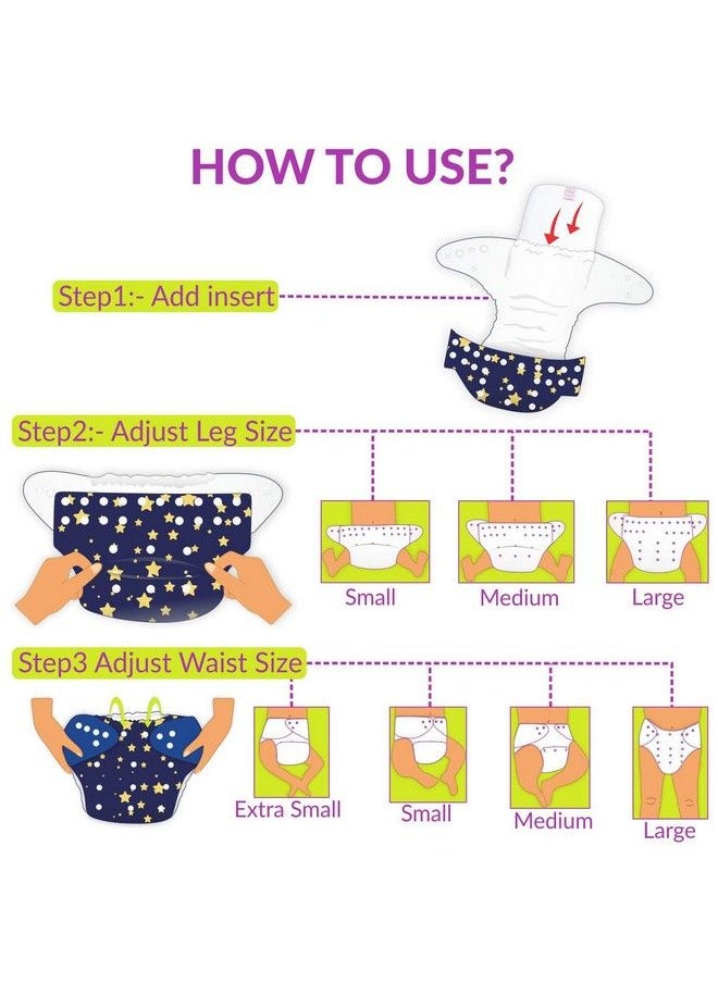 BEMBIKA - Baby'S Polyester Washable Reusable Adjustable Cloth Diapers With 5 Layer Bamboo Charcoal Insert (Ellie Moon) - Image 1
