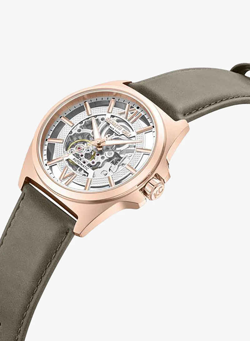 Kenneth Cole New York Pelham Bay Men's 44mm Automatic Watch with Silver Dial & Khaki Genuine Leather Strap