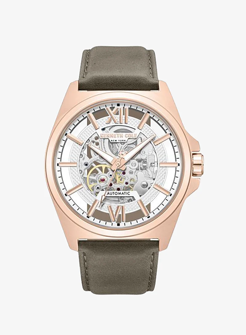 Kenneth Cole New York Pelham Bay Men's 44mm Automatic Watch with Silver Dial & Khaki Genuine Leather Strap