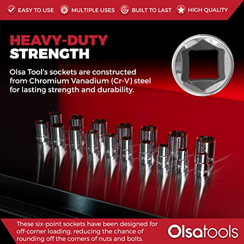 Olsa Tools Metric Shallow Socket Set - 1/2-Inch Drive, 18pc - 6-Point Chrome Sockets from 10mm–27mm and No Skipped Sizes - Mechanic Shallow Metric Socket Set - Professional Grade Sockets - Part: 1326 - Image 4