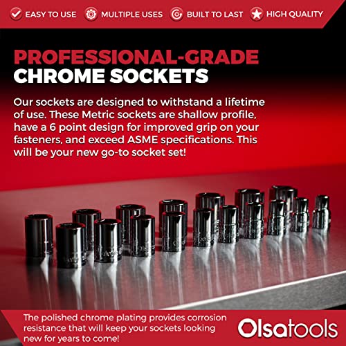 Olsa Tools Metric Shallow Socket Set - 1/2-Inch Drive, 18pc - 6-Point Chrome Sockets from 10mm–27mm and No Skipped Sizes - Mechanic Shallow Metric Socket Set - Professional Grade Sockets - Part: 1326 - Image 5
