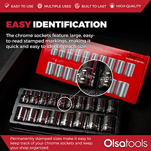 Olsa Tools Metric Shallow Socket Set - 1/2-Inch Drive, 18pc - 6-Point Chrome Sockets from 10mm–27mm and No Skipped Sizes - Mechanic Shallow Metric Socket Set - Professional Grade Sockets - Part: 1326 - Image 3