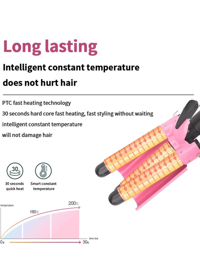 3 Barrel Curling Iron,1 inch Triple Three Barrel Hair Waver Mermaid Beach Waves Curling Wand Ceramic Tourmaline Temperature Adjustable Curler Irons,Hair Crimper Fast Heating Curling Wand (Pink) - Image 3