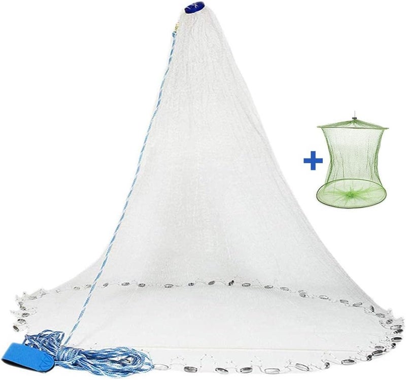 Yeahmart American Saltwater Fishing Cast Net for Bait Trap Fish 3ft/4ft/5ft/6ft/7ft/8ft/9ft/10ft Radius Casting Nets with Heavy Duty Real Zinc Sinker Weights, 3/8inch Mesh Size - Image 1