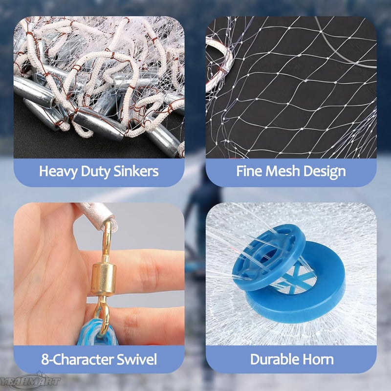 Yeahmart American Saltwater Fishing Cast Net for Bait Trap Fish 3ft/4ft/5ft/6ft/7ft/8ft/9ft/10ft Radius Casting Nets with Heavy Duty Real Zinc Sinker Weights, 3/8inch Mesh Size - Image 5