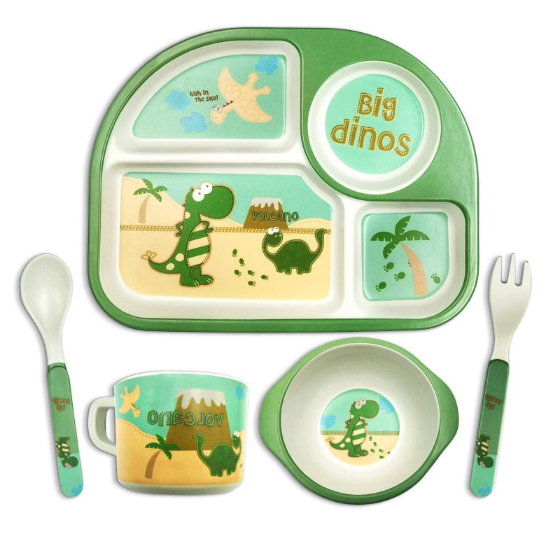 DAYOOH Toddler Plates and Bowls Set Dinosaur Plate Dinnerware Kids Feeding Bamboo Dishes Cartoon Fork Spoon Bowl Cup with Utensils Baby SelfFeeding Bowl Dishwasher Safe 