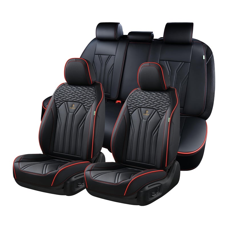 FLORICH Leather Seat Covers, Seat Covers Full Set, Car Seat Protectors 5 Seats, Automotive Seat Covers Fit for Most Cars Trucks SUV-Black&Red Line - Image 1