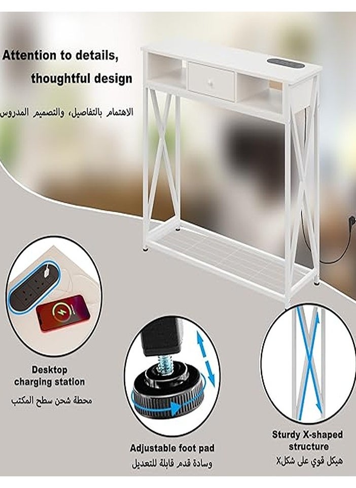 AGD - Console Table Adjustable Entryway Table with Charging Station, Entryway Hallway Living Room Coffee Corner Table with Storage Shelf and Power Outlet, White - Image 1