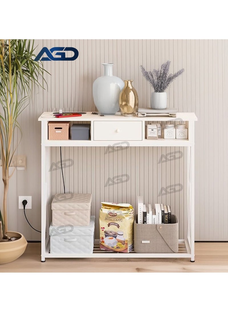 AGD - Console Table Adjustable Entryway Table with Charging Station, Entryway Hallway Living Room Coffee Corner Table with Storage Shelf and Power Outlet, White - Image 1