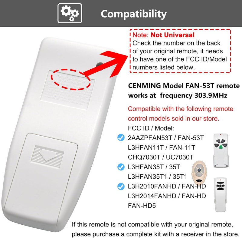 CENMING Ceiling Fan Remote Control Replacement for Harbor Breeze Hampton Bay,303.9MHz 3-Speed Light Dimmer for FAN-11T L3HFAN11T 35T1 CHQ8BT7030T UC7030T CHQ7030T 2AAZPFAN53T FAN-53T(Remote Only) - Image 3