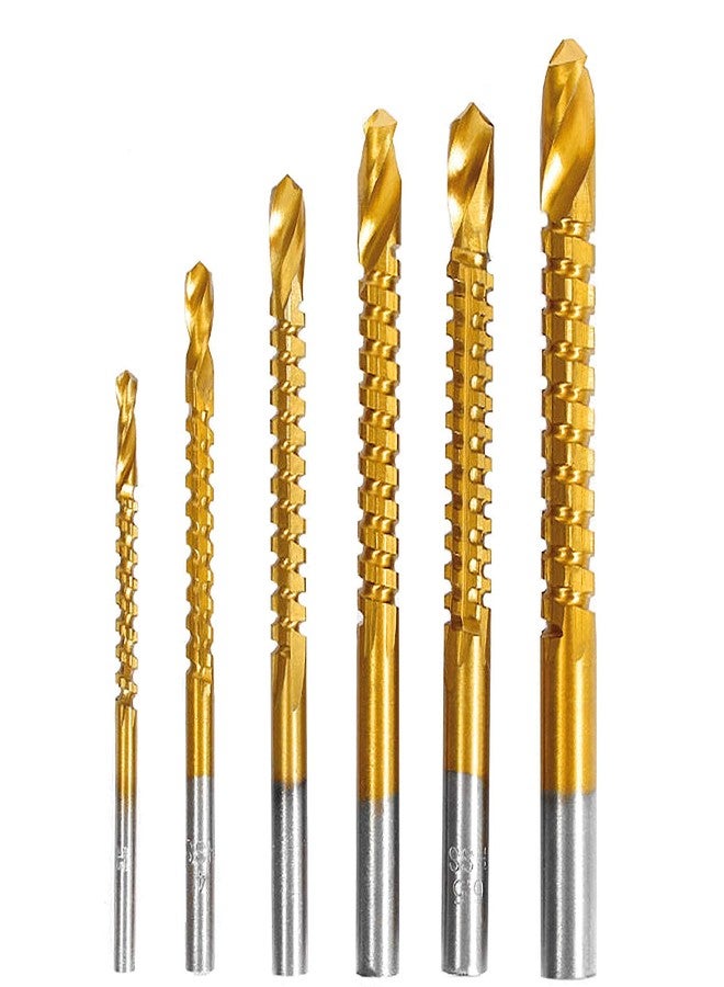 BAOER Titanium Coated HSS Twist Drill Bits - 6pcs 3-8mm Serrated Grooving Cutting Carpenter Side Cutting Tap Spiral Saw Drill Bit Woodworking Wood Metal Plastic Hole Holesaw Tool (6) - Image 1