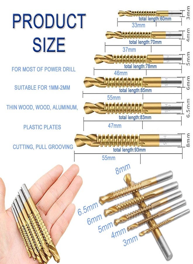 BAOER Titanium Coated HSS Twist Drill Bits - 6pcs 3-8mm Serrated Grooving Cutting Carpenter Side Cutting Tap Spiral Saw Drill Bit Woodworking Wood Metal Plastic Hole Holesaw Tool (6) - Image 2
