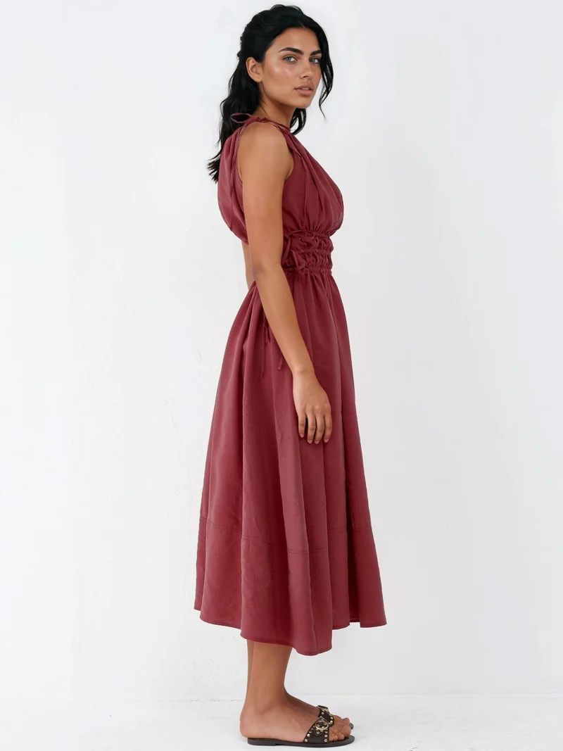 بوسيم BUSEM Ruched Strap Midi Dress