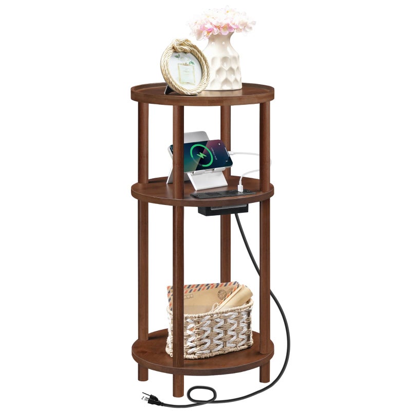 HOOBRO Small Round Side Table with Charging Station, 3-Tier Round Bamboo End Table, Compact Sofa Bedside Table for Small Space, Easy Assembly, for Living Room, Bedroom, Apartment, Mocha MA152UBZ01 - Image 1