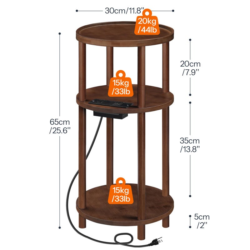 HOOBRO Small Round Side Table with Charging Station, 3-Tier Round Bamboo End Table, Compact Sofa Bedside Table for Small Space, Easy Assembly, for Living Room, Bedroom, Apartment, Mocha MA152UBZ01 - Image 3