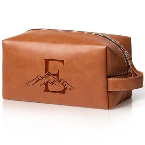 Aganmi Personalized Gifts Travel Toiletry Bag for Men Engraved Initial PU Leather Waterproof Shaving Bag for Toiletries Accessories Fathers Day Birthday Gift for Men Dad Husband Son Light Brown E - Image 1