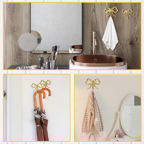 Lineshading 2 Pcs Coquette Gold Bow Knot Hooks Brass Bow Wall Door Hanger Towel Hooks Brass Coat Hanger Decorative Holder for Christmas Wedding Bathroom Living Room Kitchen Decor (L+S) - Image 4