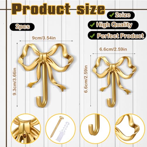 Lineshading 2 Pcs Coquette Gold Bow Knot Hooks Brass Bow Wall Door Hanger Towel Hooks Brass Coat Hanger Decorative Holder for Christmas Wedding Bathroom Living Room Kitchen Decor (L+S) - Image 2