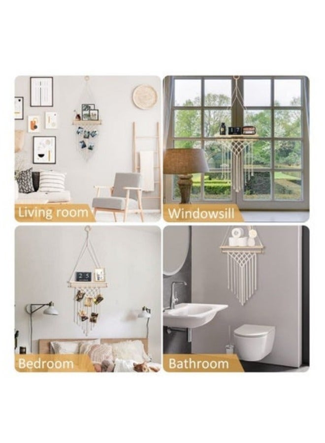 MIXDE Bohemian Wood Shelf Hanging Floating Shelves Storage Organizer with Woven Rope for Home Decoration  - Image 3