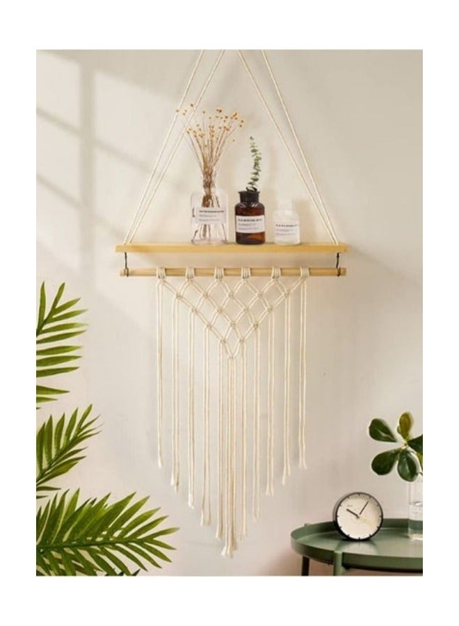 MIXDE Bohemian Wood Shelf Hanging Floating Shelves Storage Organizer with Woven Rope for Home Decoration  - Image 1