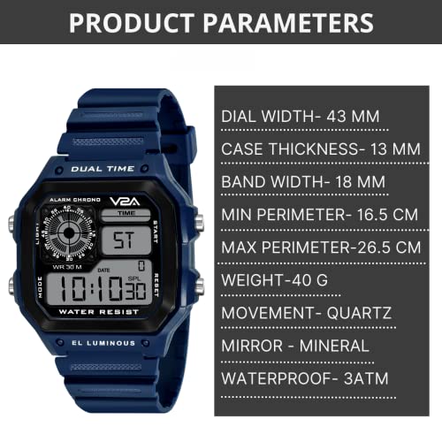 V2A Resin Digital Men Watch (Black Dial Blue Colored Strap), Black Band - Image 3