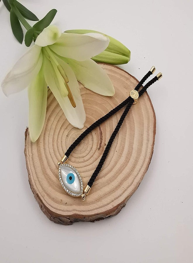 STRIPES® essentials Turkish Mother Of Pearl Evil Eye Rakhi Bracelet Black String Kabbalah Protection Handmade Rope Cord Thread Bracelets Rakhi (Adjustable) (Mother of Pearl Evil Eye Gold-2) - Image 4