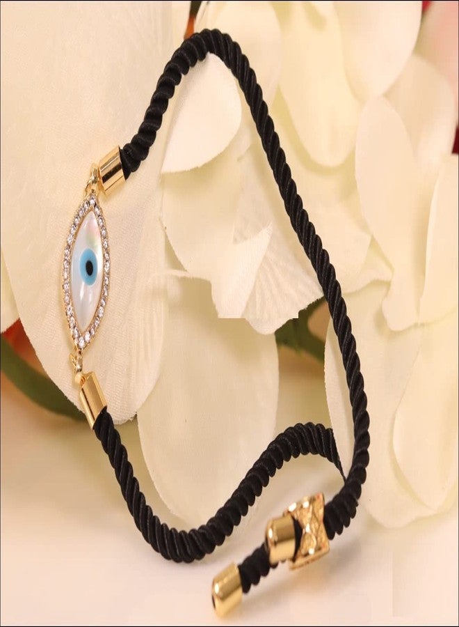 STRIPES® essentials Turkish Mother Of Pearl Evil Eye Rakhi Bracelet Black String Kabbalah Protection Handmade Rope Cord Thread Bracelets Rakhi (Adjustable) (Mother of Pearl Evil Eye Gold-2) - Image 3