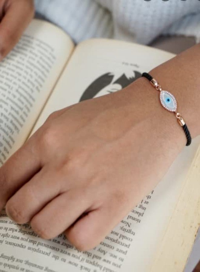 STRIPES® essentials Turkish Mother Of Pearl Evil Eye Rakhi Bracelet Black String Kabbalah Protection Handmade Rope Cord Thread Bracelets Rakhi (Adjustable) (Mother of Pearl Evil Eye Gold-2) - Image 5