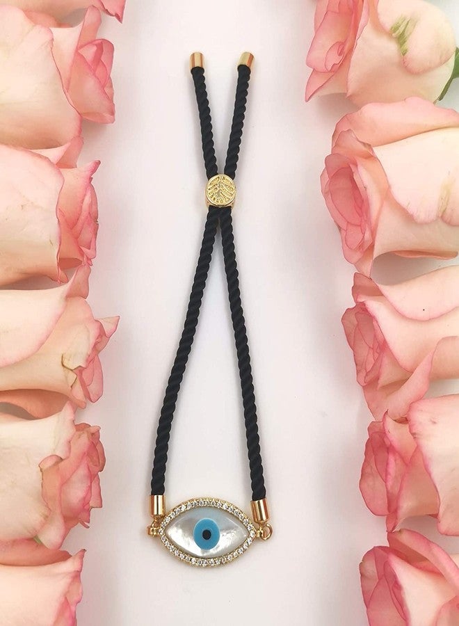 STRIPES® essentials Turkish Mother Of Pearl Evil Eye Rakhi Bracelet Black String Kabbalah Protection Handmade Rope Cord Thread Bracelets Rakhi (Adjustable) (Mother of Pearl Evil Eye Gold-2) - Image 2