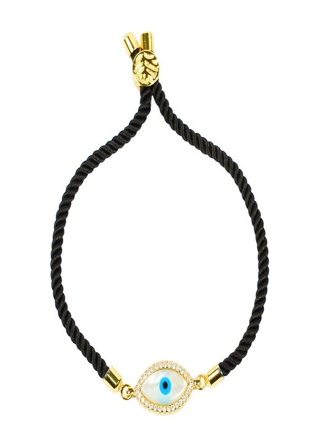 STRIPES® essentials Turkish Mother Of Pearl Evil Eye Rakhi Bracelet Black String Kabbalah Protection Handmade Rope Cord Thread Bracelets Rakhi (Adjustable) (Mother of Pearl Evil Eye Gold-2) - Image 1