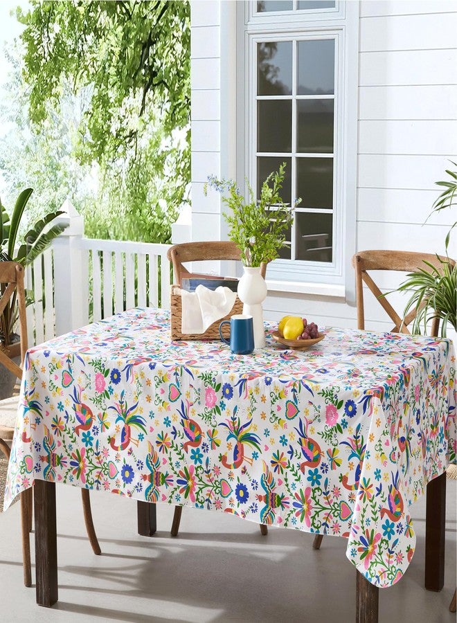 Newbridge Otomi Folk Art Vinyl Tablecloth, 60 x 84 Inch Rectangle, Colorful Birds, Hearts and Flowers Print, Flannel Backed Wipe Clean Table Cover for Dining - Image 1