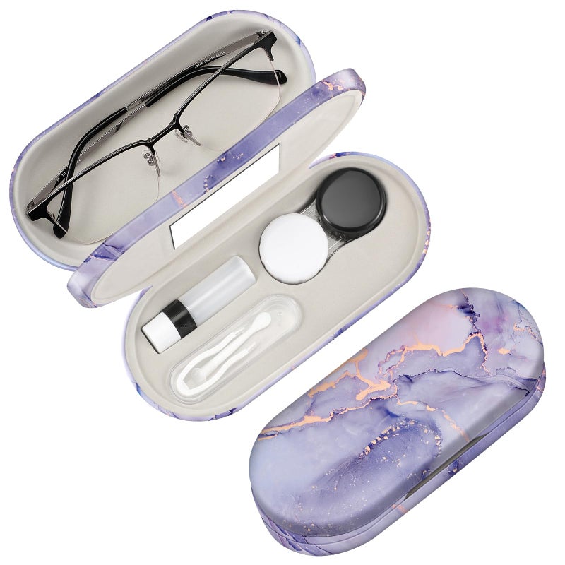 Fintie Fintie 2 in 1 Contact Lens Case and Eyeglasses Case, Double Sided Portable Eyeglasses Travel Case with Built-in Mirror, Tweezer and Contact Lens Solution Bottle Included, Lilac Marble  - Image 1