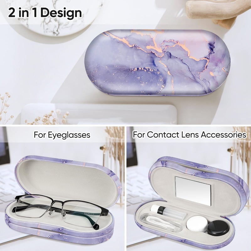 Fintie Fintie 2 in 1 Contact Lens Case and Eyeglasses Case, Double Sided Portable Eyeglasses Travel Case with Built-in Mirror, Tweezer and Contact Lens Solution Bottle Included, Lilac Marble  - Image 2
