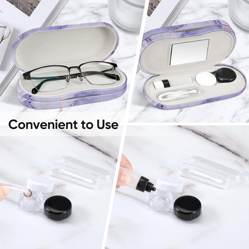 Fintie Fintie 2 in 1 Contact Lens Case and Eyeglasses Case, Double Sided Portable Eyeglasses Travel Case with Built-in Mirror, Tweezer and Contact Lens Solution Bottle Included, Lilac Marble  - Image 4