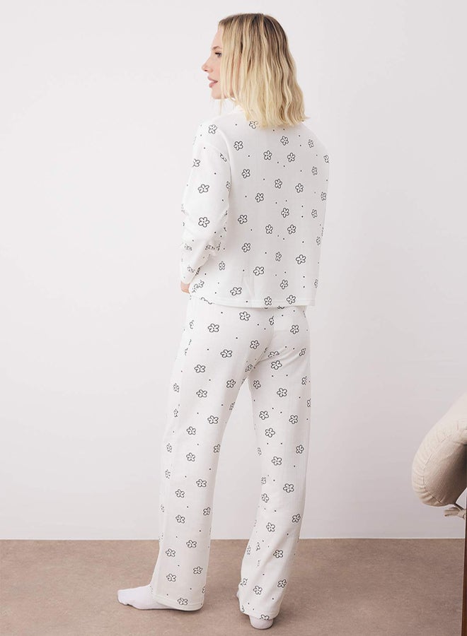 trendyol White Cotton Floral Covered Pocket Detailed Knitted Pajama Set THMAW25PT00227 - Image 4