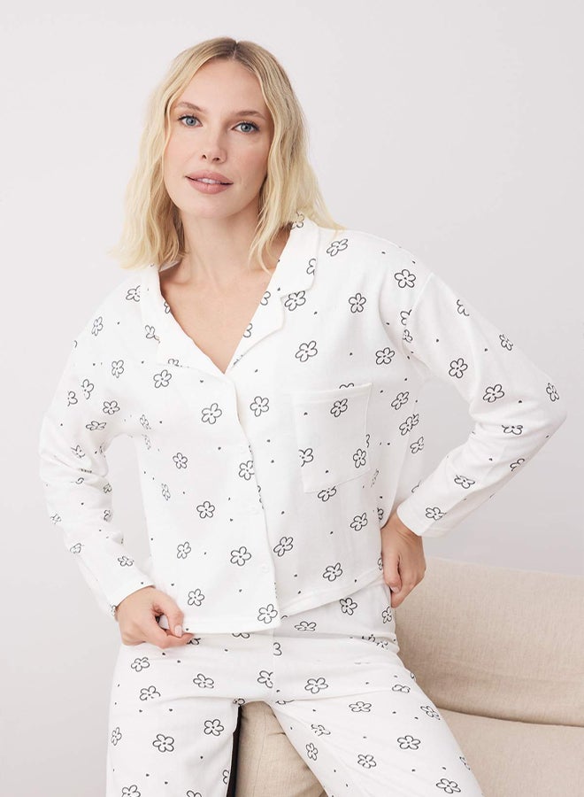 trendyol White Cotton Floral Covered Pocket Detailed Knitted Pajama Set THMAW25PT00227 - Image 1