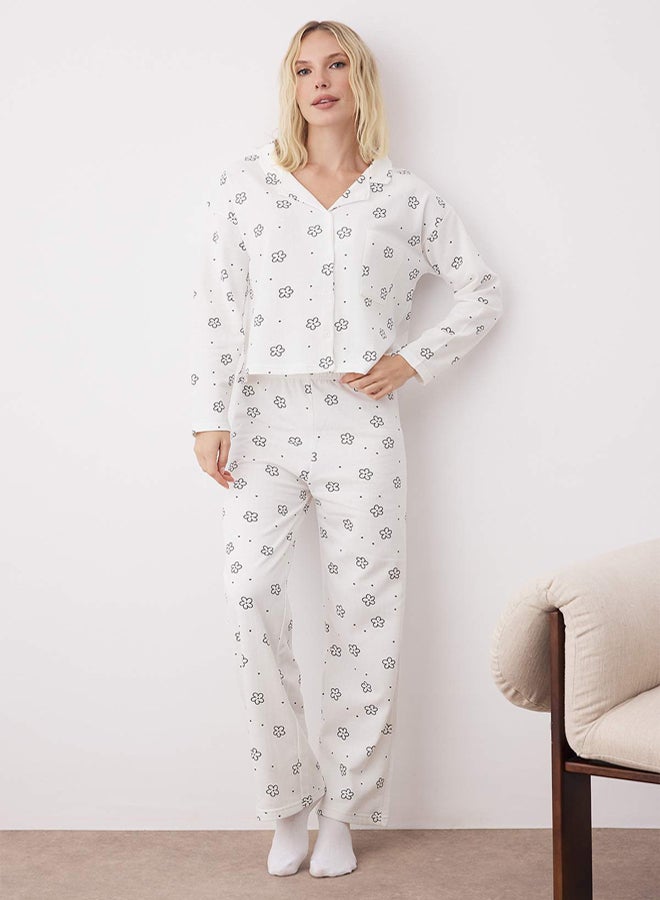 trendyol White Cotton Floral Covered Pocket Detailed Knitted Pajama Set THMAW25PT00227 - Image 2