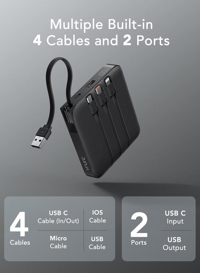 VRURC Portable Charger with Built-in Cable, 10000mAh 22.5W Fast Charging USB C Battery Pack, Cell Phone Power Bank LED Display Compatible with iPhone 15 14 Galaxy S23 Google Pixel Android Tablet - Image 2
