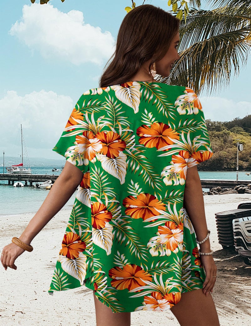 REDHOTYPE Women's Hawaiian Beach Outfit 2 Piece Tropical Print Swim Cover Up Shorts Set Summer Vacation Beachwear,Green Flower, Large - Image 5