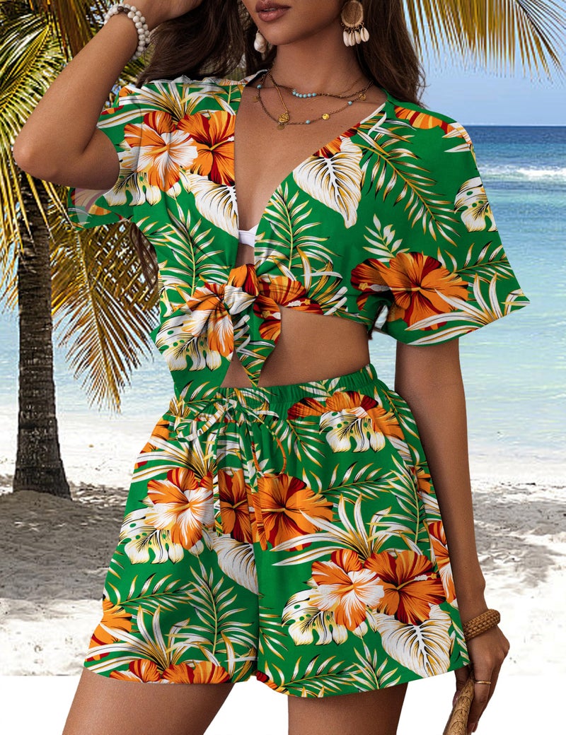 REDHOTYPE Women's Hawaiian Beach Outfit 2 Piece Tropical Print Swim Cover Up Shorts Set Summer Vacation Beachwear,Green Flower, Large - Image 2