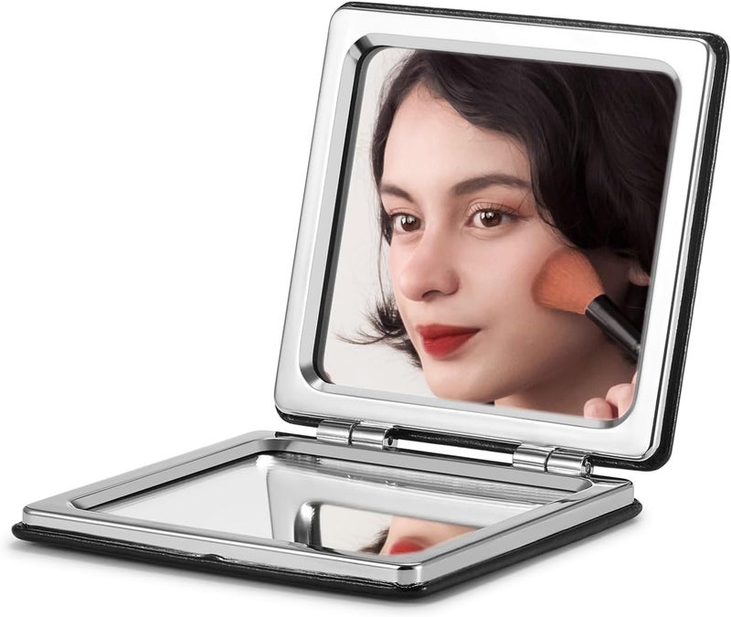 OMIRO Compact Mirror with 1x3x Magnification Square with PU Leather Small Mirror for Purses Daily Makeup Classic Black