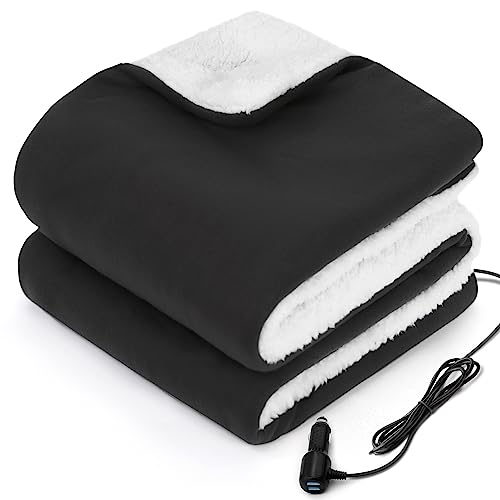 Sealy 12-Volt Heated Car Blanket with 2 USB Output Ports, 3 Heating Levels & 4 Hours Auto Off, Electric Blanket for Car, Truck, SUV, RV or Camping, Machine Washable, 59" X 43", Charcoal - Image 1